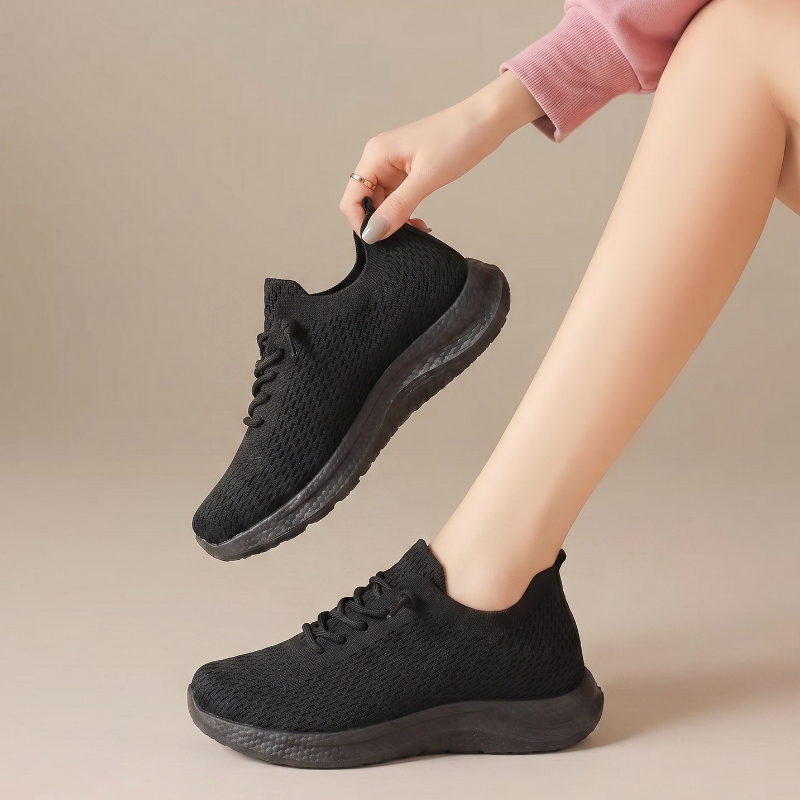 Knit Fabric Lace Up Sneakers - Letnie damskie oddychające buty do chodzenia